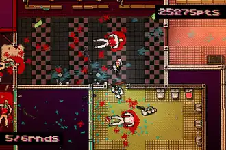 A top-down pixelated screenshot of the player wearing a rooster mask aiming a shotgun at a door, preparing to shoot at the mobsters breaking through. The player's score is visible in the top-right of the image.