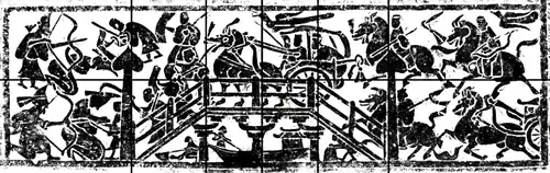 Eastern Han tombs sometimes have depiction of battles between Hu barbarians, with bows and arrows and wearing pointed hats (left), against Han troops. Eastern Han Dynasty (151–153 AD). Tsangshan Han tomb in Linyi city. Also visible in Yinan tombs.[242]