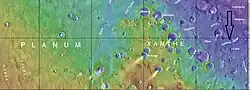 Map showing location of the Hypanis Valles (indicated with an arrow) and nearby features