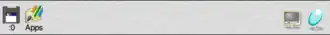 Screenshot of the icon bar under RISC OS 5 showing the following: Left portion, from left&nbsp;– Discs (in this case a single USB flash drive via SCSIFS), Apps folder (Resources:$.Apps), Right portion, from right&nbsp;– Task Manager, Display Manager