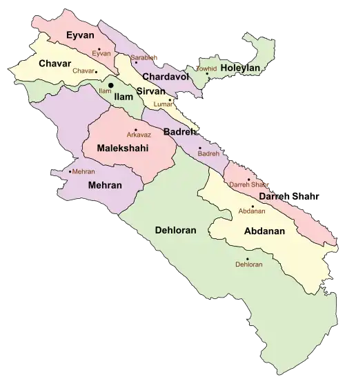 Location of Chardavol County in&nbsp;Ilam&nbsp;province (top, purple)