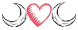 A stylized pixelated image of a waxing crescent moon on the left, an open heart shape in the middle, and a waning crescent moon on the right. Moon shapes are black linework with black shading inside. Heart shape is open and white on the inside with red linework and red stylized lines.