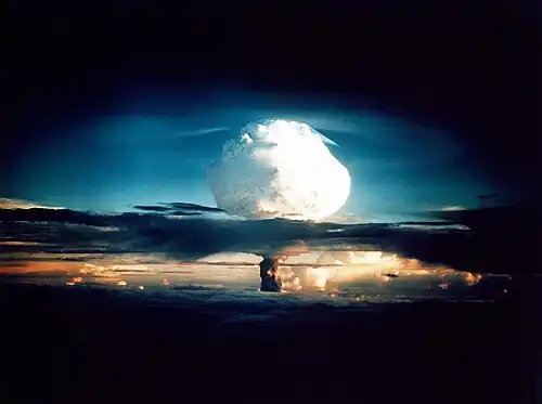 Image 10 Operation Ivy Photo: United States Department of Energy The mushroom cloud from the Ivy Mike nuclear test, one of two tests conducted as part of Operation Ivy at the Pacific Proving Grounds on Elugelab in the Marshall Islands. Mike was the first successful full-scale test of a multi-megaton thermonuclear weapon, and it left an underwater crater 6,240&nbsp;ft (1,900&nbsp;m) wide and 164&nbsp;ft (50&nbsp;m) deep where the island had been. More selected pictures