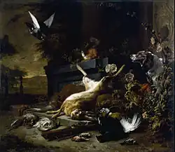 Jan Weenix, Still Life of Game including a Hare, Black Grouse, Partridge, Spaniel, and Pigeon in Flight (c. 1680), 157.2 × 182.2&nbsp;cm