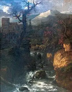 Jan van Kessel, Landscape with a Waterfall and a Castle (c. 1663–1664)