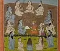 Janamsakhis painting of Guru Nanak's dialogue with Sant Ren feeding the hungry ascetics during the Sacha Sauda episode.