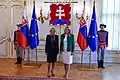 Presidential standard of Slovak Republic (centre) together with Slovak flags and European Union flags