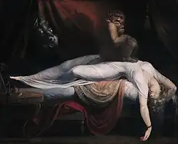 Tableau représentant une femme en plein sommeil sur un lit dont la tête est penchée vers le bas; un démon est assis sur elle, et au fond de la scène, une tête de cheval sort de derrière les rideaux.