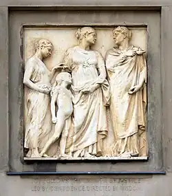 Justice, portrayed as a naked child, guided by the hand of Conscience, Joy follows. The righthand figure represents Wisdom holding a lamp in a position to depict justice comes from the heart.