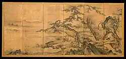 Kanō Masanobu, The Four Accomplishments, ink and light lolor on silk, 67 in. × 12 ft. 6 in. (170.2 × 381 cm), mid-16th century, Japan. Collected by the Metropolitan Museum of Art.