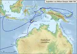 A topographical map of Australia, the eastern Malay Archipelago, New Guinea and the Solomon Islands, with the path of the sailing ship Roebuck, captained by William Roebuck, displayed as a series of dark blue arrows