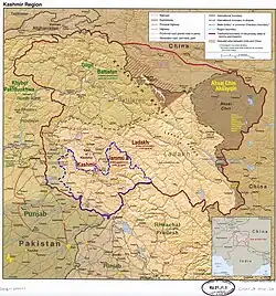 Samba district is in the Jammu division (shown with neon blue boundary) of Indian-administered Jammu and Kashmir (shaded in tan in the disputed Kashmir region[1]