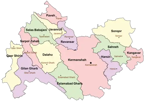 Location of Sarpol-e Zahab County in&nbsp;Kermanshah&nbsp;province (left, pink)