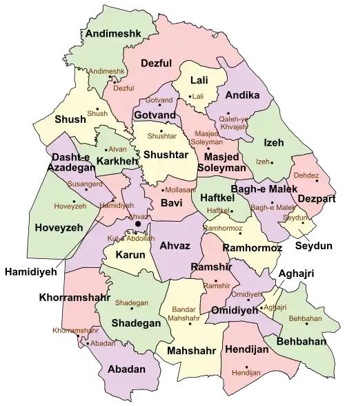 Location of Behbahan County in&nbsp;Khuzestan&nbsp;province (bottom&nbsp;right,&nbsp;green)