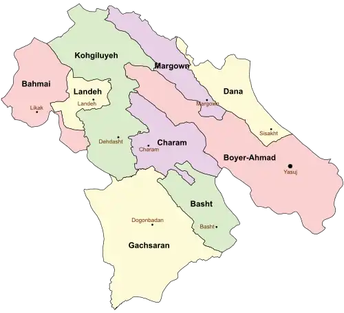 Location of Landeh County in&nbsp;Kohgiluyeh and Boyer-Ahmad&nbsp;province (top&nbsp;left,&nbsp;yellow)