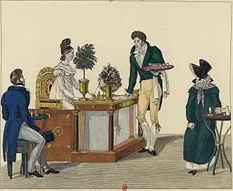painting of old market stall selling drinks