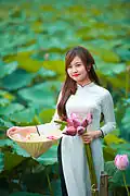 A young girl wearing white Áo dài and holding Nón lá