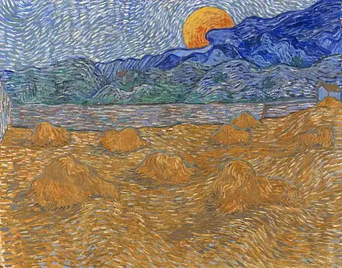 Landscape with Wheat Sheaves and Rising Moon, July 1889, Kröller-Müller Museum, Otterlo, Netherlands (F735)