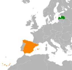 Map indicating locations of Latvia and Spain