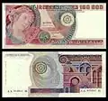 100,000&nbsp;lire – obverse and reverse – printed in 1978