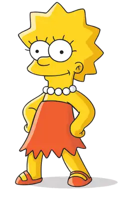 A yellow-skinned cartoon character. She has large, beady eyes and is wearing a strapless red-orange dress and Mary Janes and a white beaded necklace. She has her hands on her hips and smiles slightly.