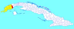 Los Palacios municipality (red) within Pinar del Río Province (yellow) and Cuba