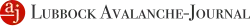 The logo consists of a red circle on the far left containing two white lowercase letters "a" and "j" arranged diagonally, with a white line extending from the left edge of the circle with the "a" above and the "j" to its right. To the circle's right are the black words "Lubbock Avalanche-Journal" in serif and with the lowercase letters stylized to appear majuscule.