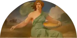 Woman dressed a goddess/deity holding tray of seeds with one arm and sprinkling seeds with her other hand. In the background is a figure plowing with three oxen.