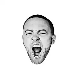 A picture of Mac's head, yawning in monochrome against a plain white background.