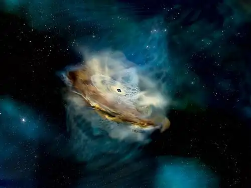 This illustration shows the accretion disk, corona (pale, conical swirls above the disk), and supermassive black hole of 1ES 1927+654 Credit: NASA/Sonoma State University, Aurore Simonnet