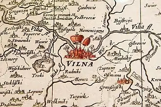 Image 88Description of Kernavė as "Kiernow primum M. Duci Lith. domicilium" (English: Kernavė, the first residence-capital of the Grand Dukes of Lithuania) in the Radziwiłł map (from Grand Duchy of Lithuania)