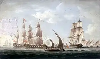 "Mahratta Grabs and Gallivats attacking the sloop Aurora of the Bombay Marine." by Thomas Buttersworth c.1812