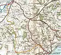 Map of line in 1919, showing sharp curves (grid squares of 2&nbsp;mi (3.2&nbsp;km), contours 50&nbsp;ft (15&nbsp;m))