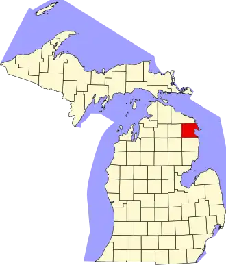 Map of Michigan highlighting Alpena County