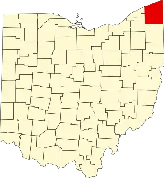 Map of Ohio highlighting Ashtabula County
