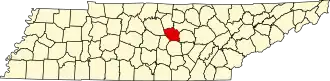 Map of Tennessee highlighting DeKalb County