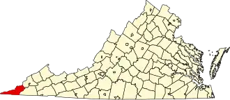 Map of Virginia highlighting Lee County