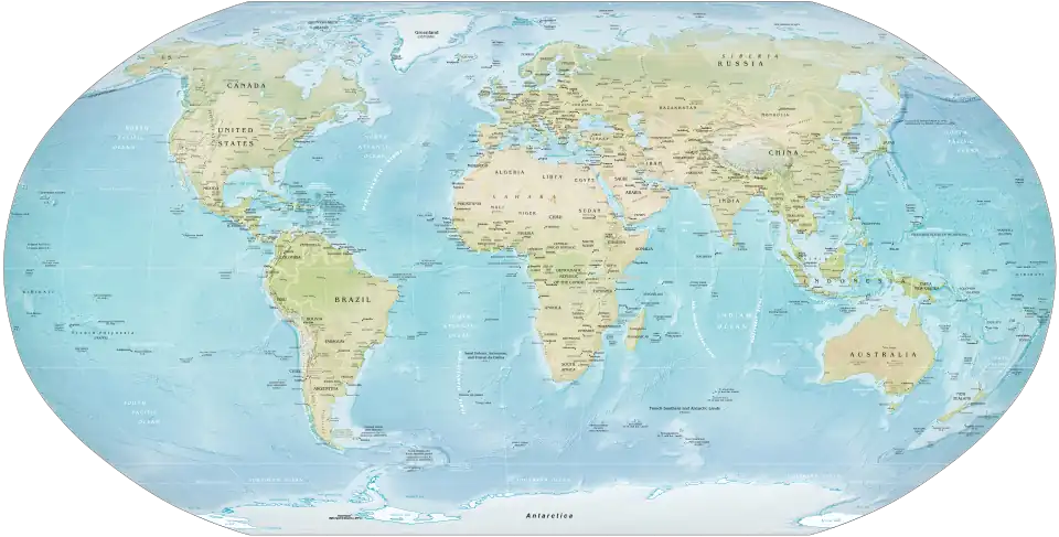 Image 2 Robinson projection Map credit: Central Intelligence Agency The Robinson projection is a projection of a world map showing the entire Earth at once. It was specifically created in an attempt to find a good compromise to the problem of showing the whole globe as a single flat image. The projection was devised by Arthur H. Robinson in 1963; distortion is severe close to the poles, but quickly declines to moderate levels as latitudes decrease. This Robinson-projection map, with standard parallels of 38°N and 38°S, was produced by the United States Central Intelligence Agency and shows the world as of February&nbsp;2016. More selected pictures