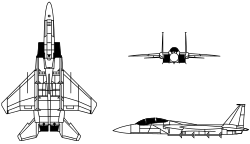3-view line drawing of the McDonnell Douglas F-15 Eagle