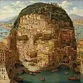 AI-generated hybrid image depicting a fictitious town up close and the face of the Mona Lisa from afar