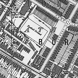 map shows football ground with built-up area on all sides