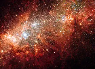 Starburst activity in the central region of nearby dwarf galaxy NGC 1569 (Arp 210). Taken by Hubble Space Telescope.