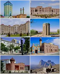 Landmarks of Nakhchivan, from top left: Garabaghlar Mausoleum&nbsp;• Khan Palace Nakhcivan Hospital&nbsp;• Momine Khatun City Centre&nbsp;• Juma Mosque Feminine Centre&nbsp;• Khanegah tomb