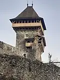 A recently reconstructed tower. The roof of this donjon (keep) collapsed in March 2019[2]