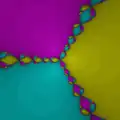 Newton fractal for three degree-3 roots p(z) = z3 − 1, coloured by root reached