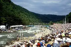 Finish line for 1996 Olympics. Midstream camera is mounted on the boulder in Humongous Rapid.
