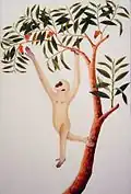 The lar gibbon or white-handed gibbon (Hylobates lar, Malay ungka tangan putih). The tree may be a bignay (also known as the bugnay, bignai or currant tree, Antidesma bunius), or it may simply be from the artist's imagination.