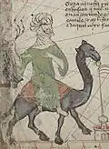 Depiction of a Sanhaja Berber, known as 'the veiled ones' due to their custom of wearing a face veil.[43][44] The caption reads: "All this land is populated by people who cover themselves such that only their eyes can be seen; they live in tents and ride in camels. There are animals named lemp [orice] whose skin can be used to make good leather shields."