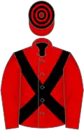 Red, black cross sashes, hooped cap