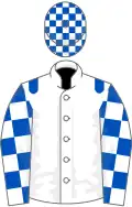 White, royal blue epaulets, check sleeves and cap